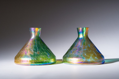 Johann Loetz (1880-1940, attributed to): A pair of multi-coloured funnel-shaped glass 'Papillon' vases, 20th C.