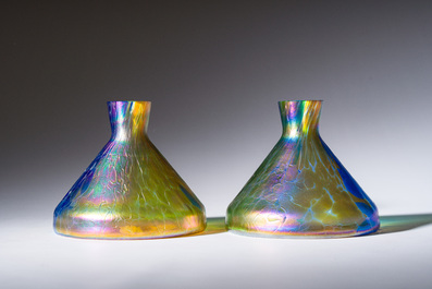 Johann Loetz (1880-1940, attributed to): A pair of multi-coloured funnel-shaped glass 'Papillon' vases, 20th C.