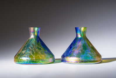 Johann Loetz (1880-1940, attributed to): A pair of multi-coloured funnel-shaped glass 'Papillon' vases, 20th C.