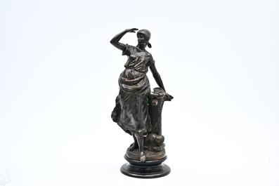 Auguste Moreau (1834-1917): P&ecirc;cheuse en garde, bronze &agrave; patine brune sur socle en bois