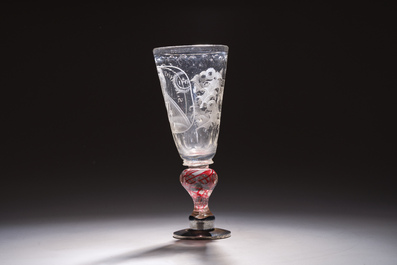A German etched and cut 'Saint Ignatius' baluster glass with a red spiral, 18th C.