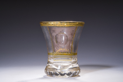 An Austrian cut and gilt beaker with a romantic 'Reconciliant' scene, 19th C.