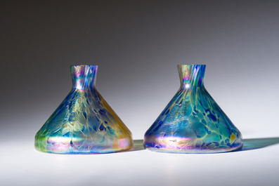 Johann Loetz (1880-1940, attributed to): A pair of multi-coloured funnel-shaped glass 'Papillon' vases, 20th C.