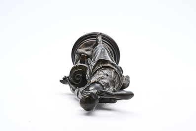 Auguste Moreau (1834-1917): P&ecirc;cheuse en garde, bronze &agrave; patine brune sur socle en bois