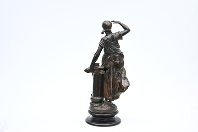 Auguste Moreau (1834-1917): P&ecirc;cheuse en garde, bronze &agrave; patine brune sur socle en bois