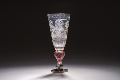A German etched and cut 'Saint Ignatius' baluster glass with a red spiral, 18th C.