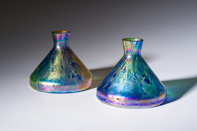 Johann Loetz (1880-1940, attributed to): A pair of multi-coloured funnel-shaped glass 'Papillon' vases, 20th C.
