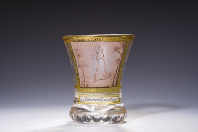 An Austrian cut and gilt beaker with a romantic 'Reconciliant' scene, 19th C.