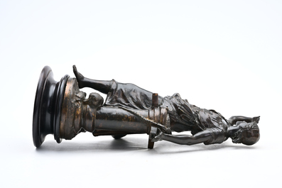 Auguste Moreau (1834-1917): P&ecirc;cheuse en garde, bronze &agrave; patine brune sur socle en bois