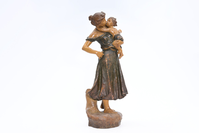Luca Madrassi (1848-1919): M&egrave;re et enfant, terre cuite &agrave; d&eacute;cor polychrome