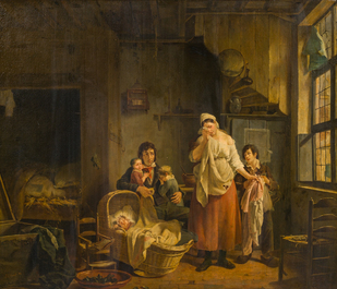 Joseph Geirnaert (1790-1859): Deux int&eacute;rieurs et un discours public, huile sur toile, dat&eacute;s 1830/1831, avec quatre lithographies ajout&eacute;es