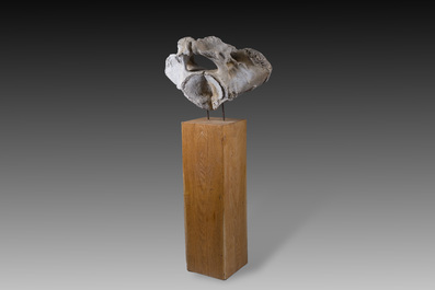 A large whale vertebra mounted on a wooden base, s.d.