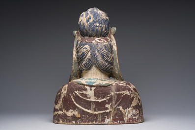 A large Chinese polychromed wooden bust of Buddha, 20th C.