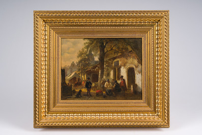 Louis Tielemans (1826-1856): Le campement devant l'auberge, huile sur panneau, dat&eacute; (18)48