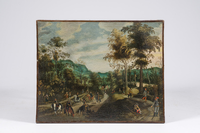Sebastiaen Vrancx (1573&ndash;1647): Paysage vallonn&eacute; et bois&eacute; o&ugrave; des soldats voyagent et se reposent sur la route, huile sur toile, vers 1608-1609