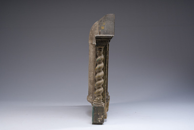 A patinated and faux marble wooden niche with Solomonic columns, 18th/19th C.