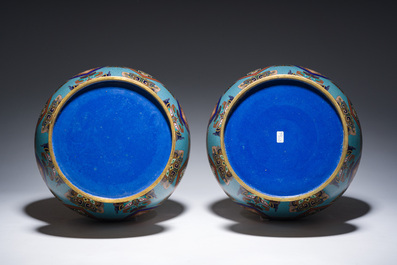 A pair of Chinese cloisonn&eacute; 'taotie masks' vases, 20th C.