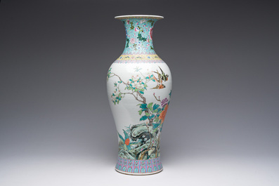 A Chinese famille rose baluster vase with birds among blossoming branches, Qianlong mark, Republic, 20th C.