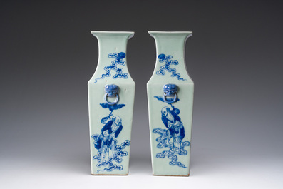 A pair of Chinese square blue and white celadon ground 'Eight Immortals' vases, 19th C.