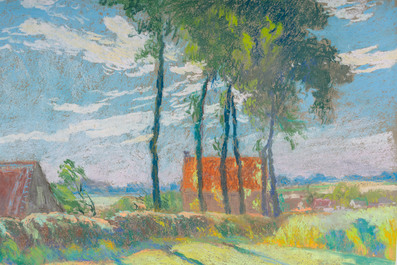 Rodolphe De Saegher (1871-1941): Zomers landschap met huizen en een bomenrij, pastel op papier