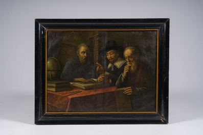 European school: Interior with a meeting of scholars, oil on canvas, 19th C.