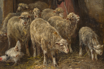 Henry Schouten (1860-1927): Boerin met haar kudde schapen op het erf, olie op paneel
