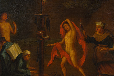 Flemish school, circle of Charles Emmanuel Biset (1633-1710): Wizards and witches by torchlight during a black mass, oil on canvas, late 17th C.