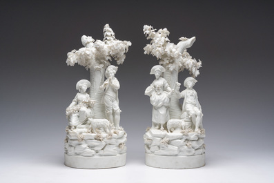 A pair of French pastoral biscuit groups with an amorous couple by a tree, possibly Locr&eacute;-Russinger workshop, late 18th C.