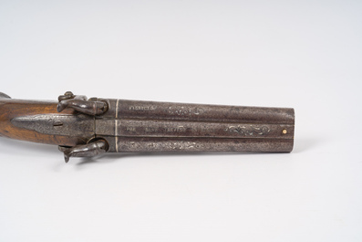 A Spanish silver-inlaid two-barrelled percussion pistol with walnut gunstock, marked ''Fabricado por Blas Trevi&ntilde;o en Eibar', dated 1858
