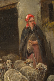 Henry Schouten (1860-1927): Boerin met haar kudde schapen op het erf, olie op paneel