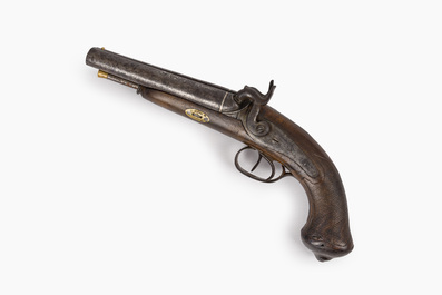 A Spanish silver-inlaid two-barrelled percussion pistol with walnut gunstock, marked ''Fabricado por Blas Trevi&ntilde;o en Eibar', dated 1858