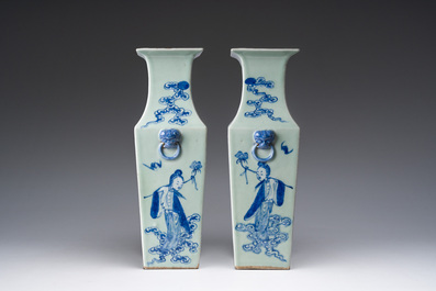 A pair of Chinese square blue and white celadon ground 'Eight Immortals' vases, 19th C.