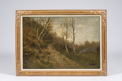 Charles Pauli (1819-1880): Paysage forestier anim&eacute;, huile sur toile, dat&eacute; (18)79