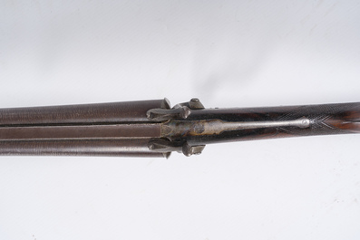 A French double-barreled pinfire hunting rifle with damask barrels and engraved breechblocks, marked, second half 19th C.