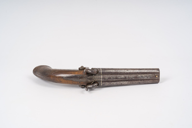 A Spanish silver-inlaid two-barrelled percussion pistol with walnut gunstock, marked ''Fabricado por Blas Trevi&ntilde;o en Eibar', dated 1858