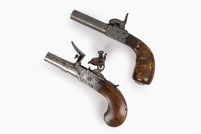 A French flint pocket pistol and a Liege percussion pocket pistol, both with engraved case lock, 19th C.