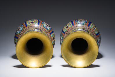 A pair of Chinese cloisonn&eacute; 'taotie masks' vases, 20th C.
