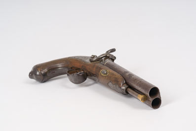 A Spanish silver-inlaid two-barrelled percussion pistol with walnut gunstock, marked ''Fabricado por Blas Trevi&ntilde;o en Eibar', dated 1858