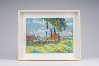 Rodolphe De Saegher (1871-1941): Zomers landschap met huizen en een bomenrij, pastel op papier