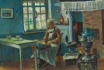 Charles Verbrugghe (1877-1974): Interieur met dame, olie op board