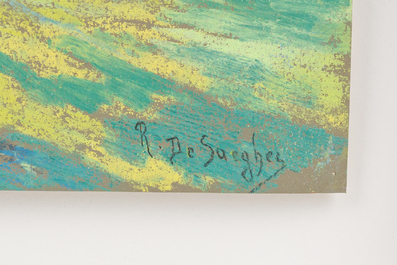 Rodolphe De Saegher (1871-1941): Zomers landschap met huizen en een bomenrij, pastel op papier