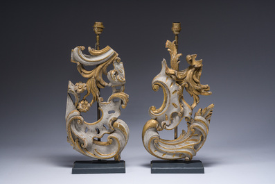 A pair of gilt and patinated wooden fragments mounted into lamps, 18th C. and later
