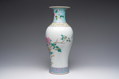 A Chinese famille rose baluster vase with birds among blossoming branches, Qianlong mark, Republic, 20th C.