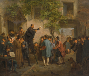 Joseph Geirnaert (1790-1859): Deux int&eacute;rieurs et un discours public, huile sur toile, dat&eacute;s 1830/1831, avec quatre lithographies ajout&eacute;es