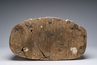 A large Chinese polychromed wooden bust of Buddha, 20th C.