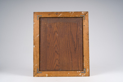 Henry Schouten (1860-1927): Boerin met haar kudde schapen op het erf, olie op paneel