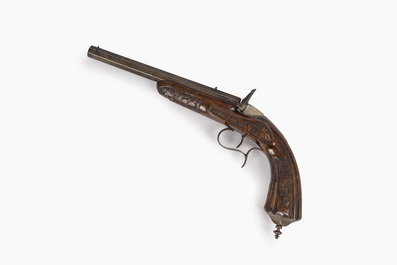 A Li&egrave;ge Flobert salon pistol with sculpted floral design, 19th C.
