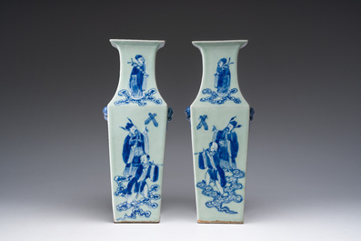 A pair of Chinese square blue and white celadon ground 'Eight Immortals' vases, 19th C.