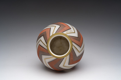 A Belgian Scailmont Art Deco opaline glass vase with gilt and heightened design, signed H. Vermont, second quarter 20th C.