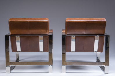 Een paar 'Novatrend' zetels in bruin leder en verchroomd staal, 20ste eeuw
